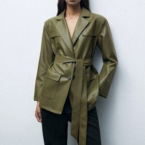 Army Green Elegant Women's Front Button Pocket Belted Long Sleeve Blazer Jacket